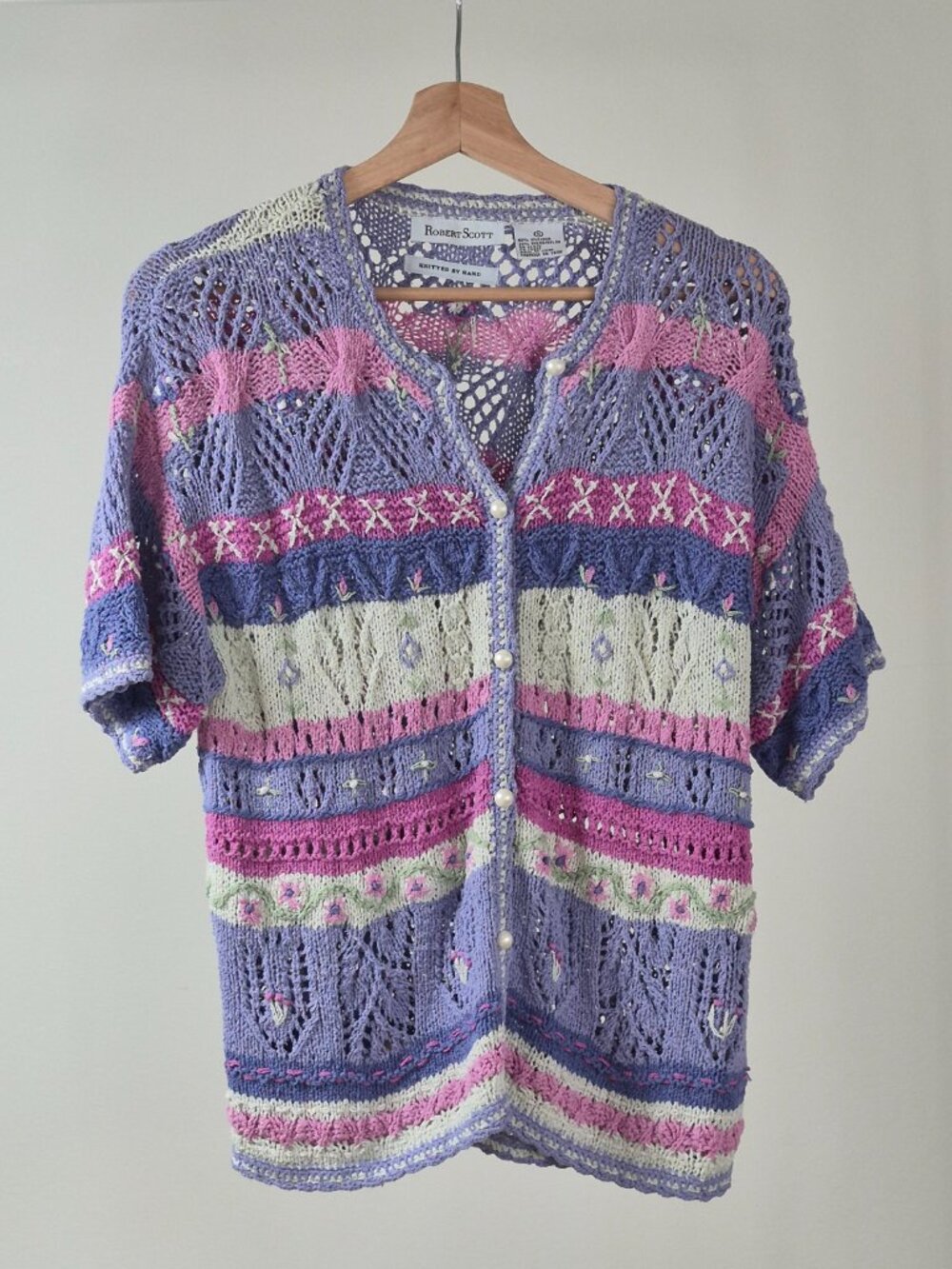 Robert Scott Cardigan Womens S 80% Silk Hand Knit Crochet Openwork Cottagecore